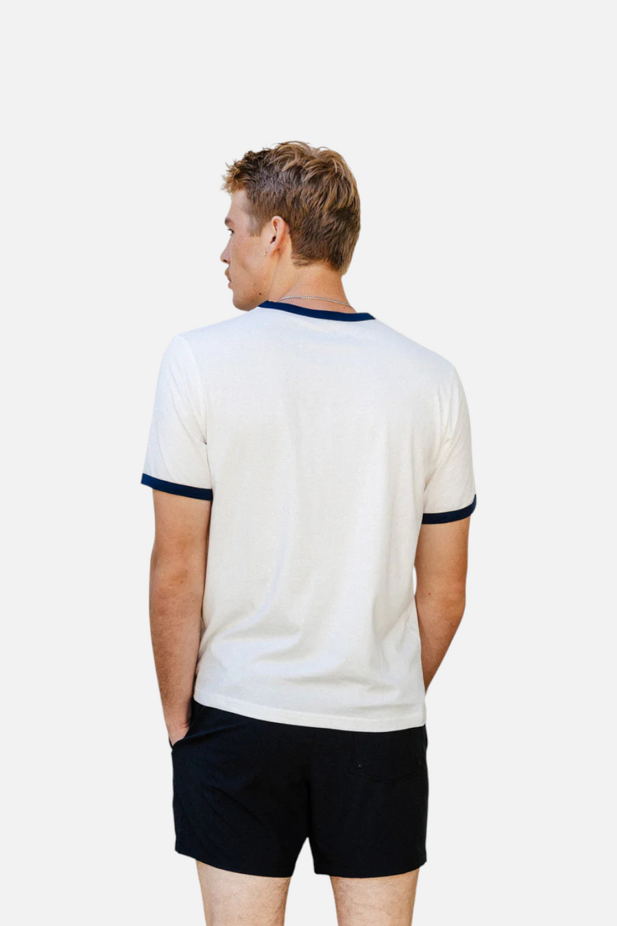 Manana Men's Classic Logo Ringer Tee in Off White/Navy – side view