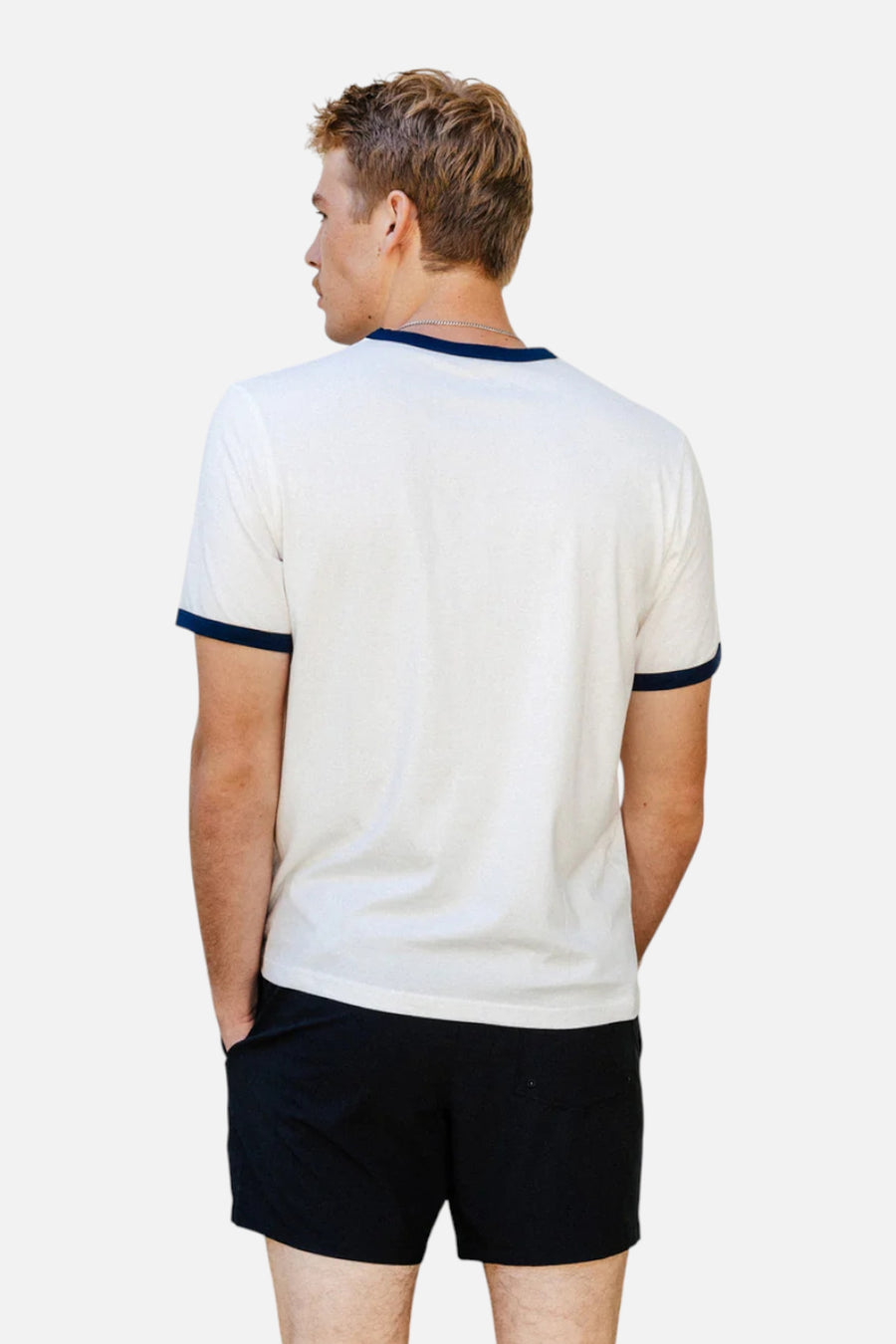 Manana Men's Classic Logo Ringer Tee in Off White/Navy – on model