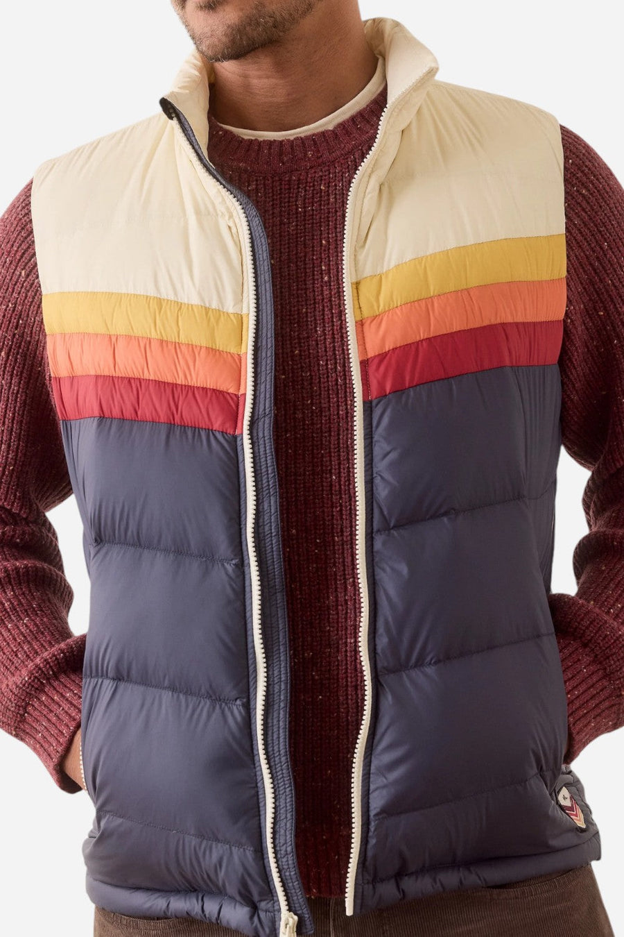 Marine Layer Archive Boreal Puffer Vest in Navy Sunset Colorblock – back view