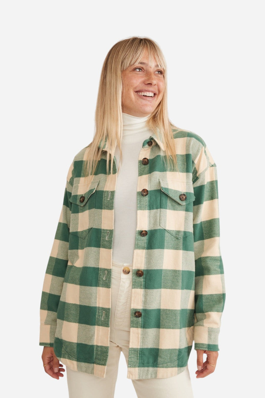 Marine Layer Bailey Flannel Shirt Jacket in Green Cream Buffalo – back view