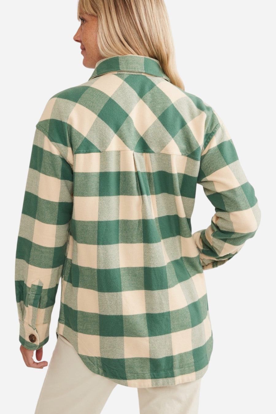 Marine Layer Bailey Flannel Shirt Jacket in Green Cream Buffalo – detail