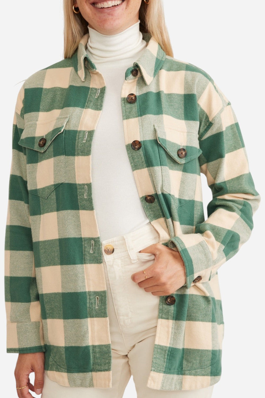 Marine Layer Bailey Flannel Shirt Jacket in Green Cream Buffalo – front view