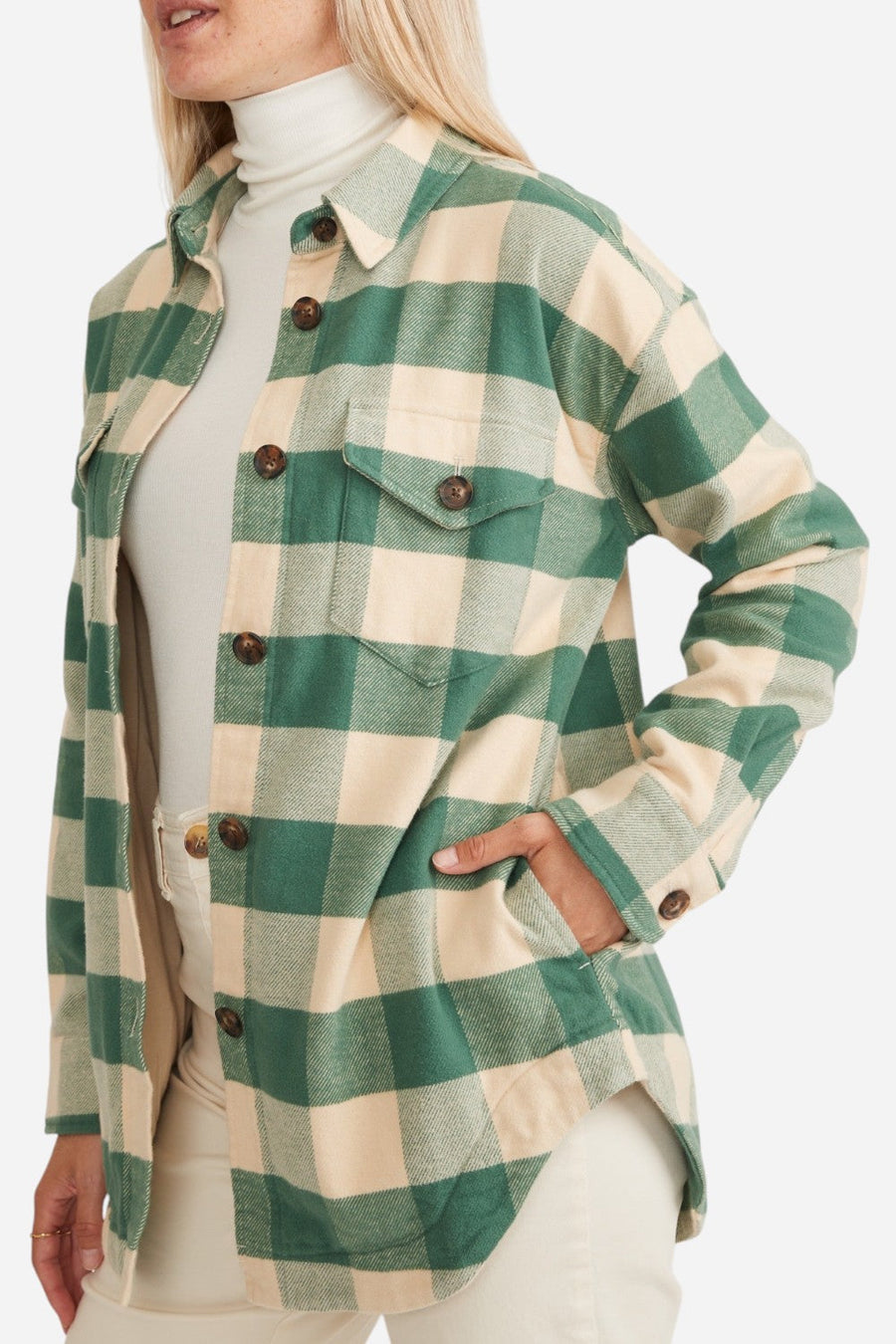 Marine Layer Bailey Flannel Shirt Jacket in Green Cream Buffalo – side view