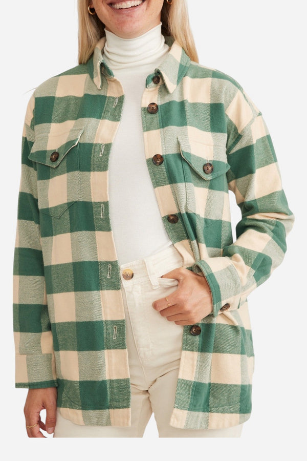 Marine Layer Bailey Flannel Shirt Jacket in Green Cream Buffalo
