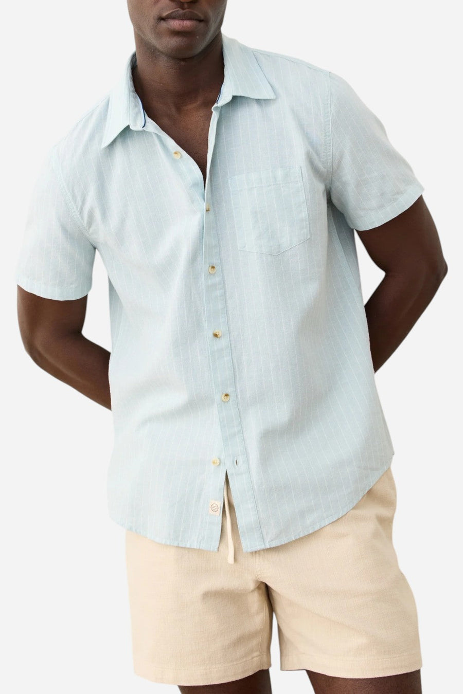 Marine Layer Better-Than-Linen Short Sleeve Shirt in Blue/White Stripe – back view