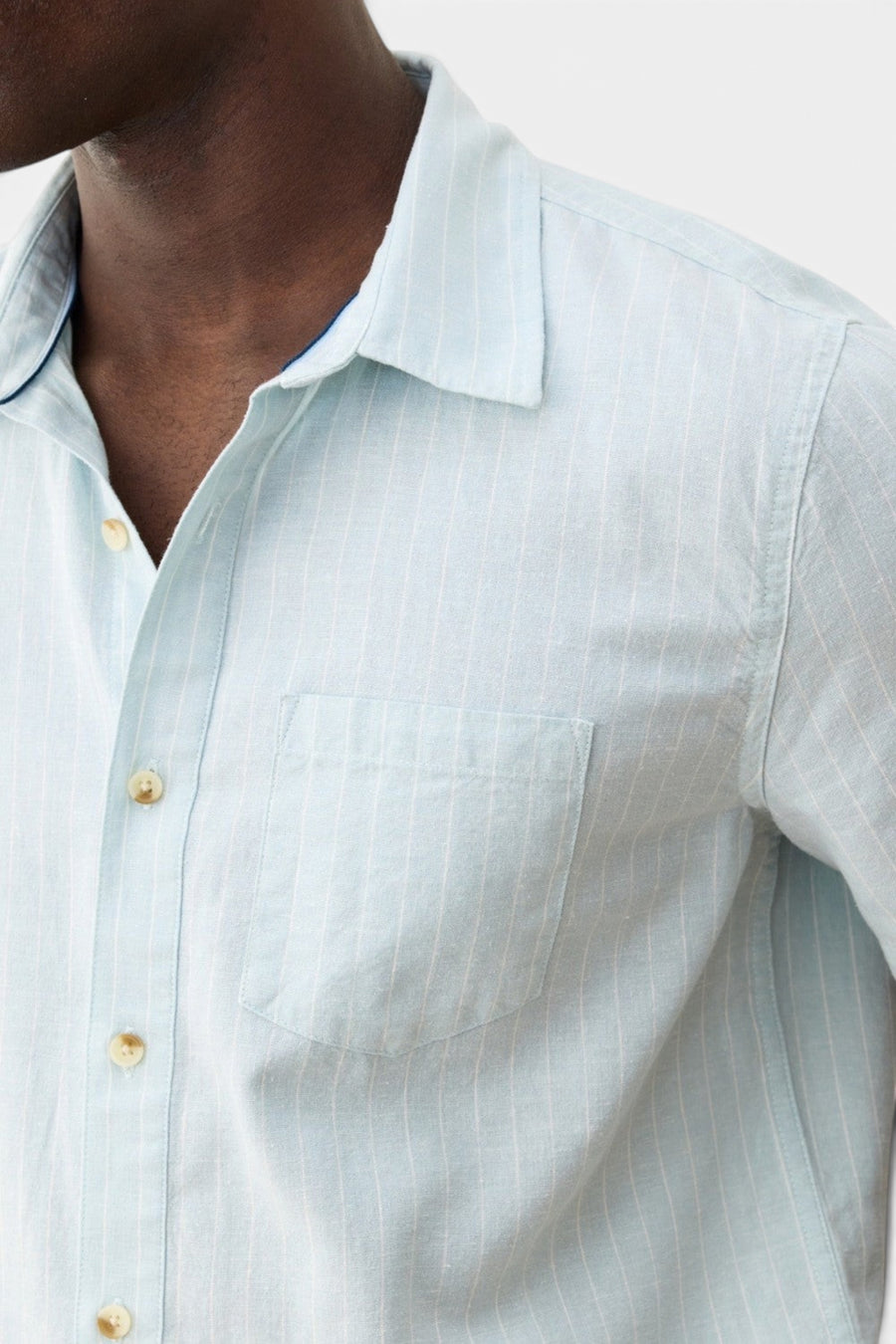 Marine Layer Better-Than-Linen Short Sleeve Shirt in Blue/White Stripe – detail