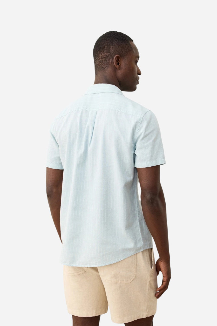 Marine Layer Better-Than-Linen Short Sleeve Shirt in Blue/White Stripe – flat lay