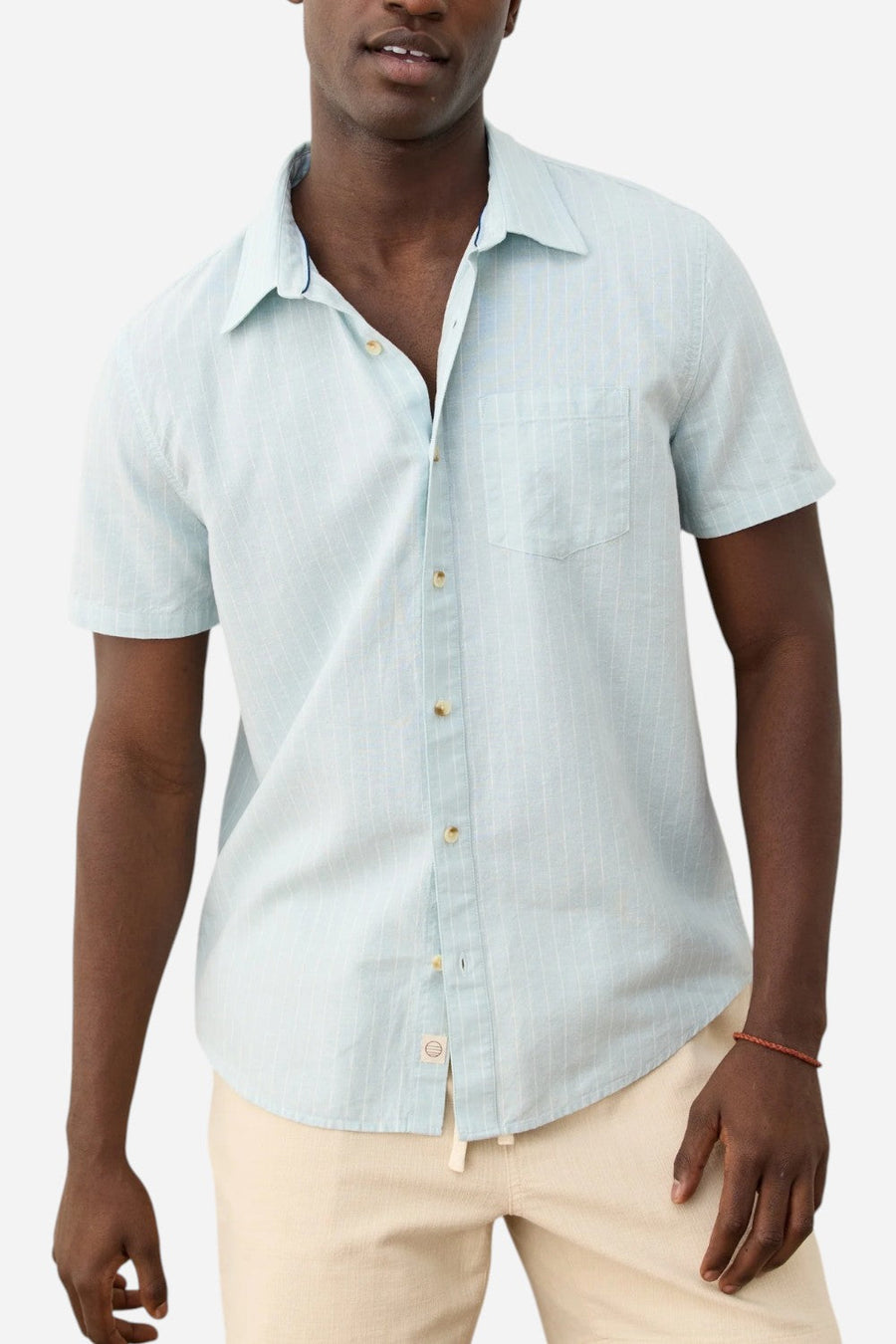 Marine Layer Better-Than-Linen Short Sleeve Shirt in Blue/White Stripe – side view