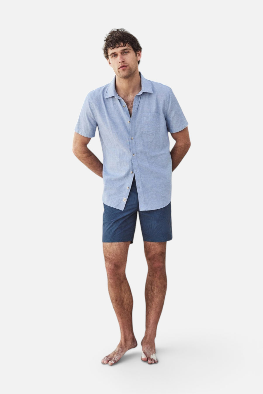 Marine Layer Better-Than-Linen Short Sleeve Shirt in Chambray – back view