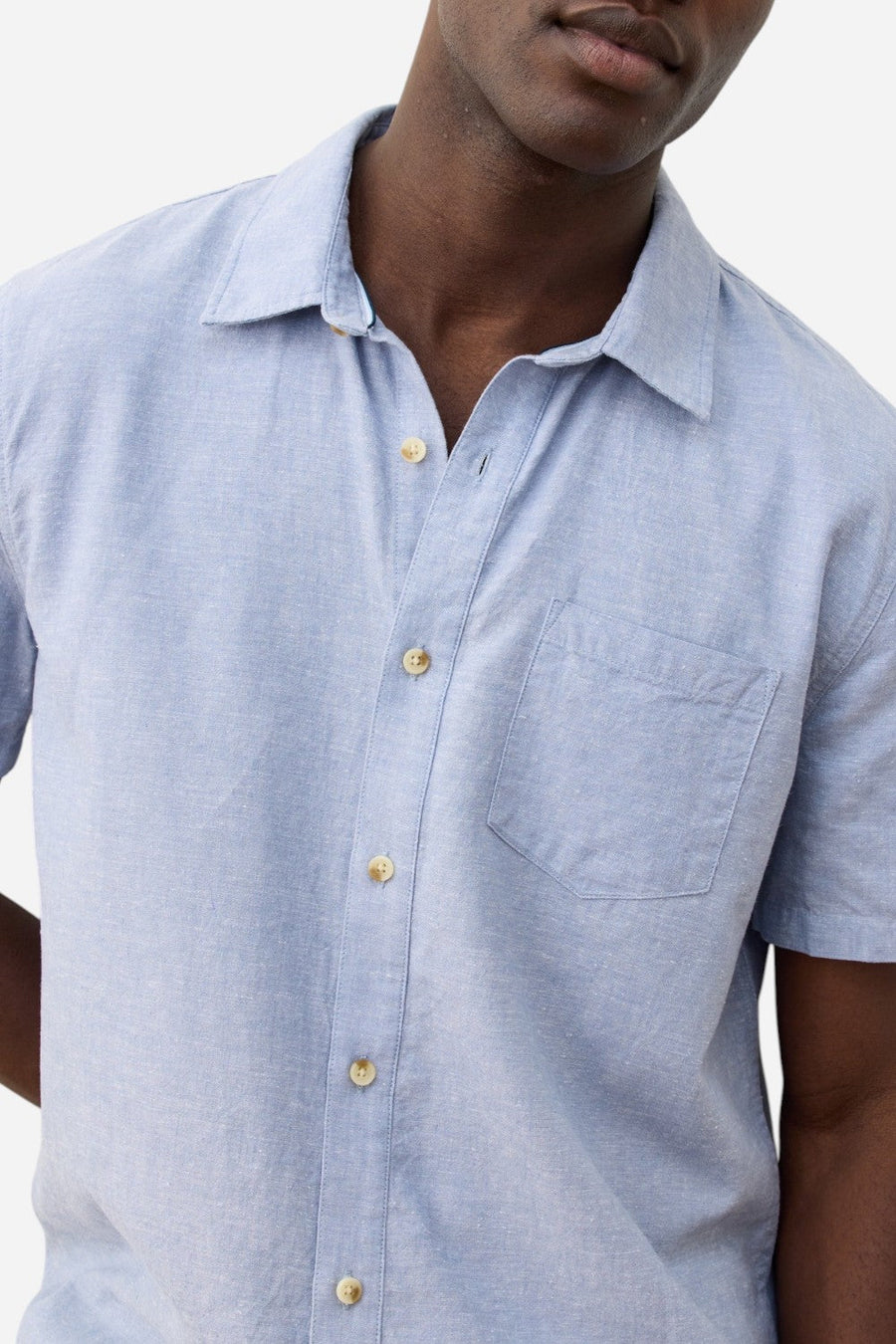 Marine Layer Better-Than-Linen Short Sleeve Shirt in Chambray – flat lay