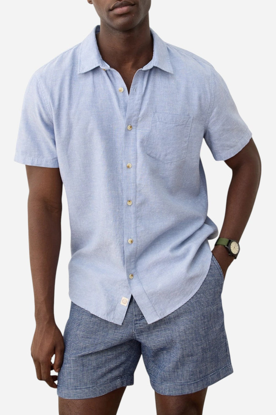Marine Layer Better-Than-Linen Short Sleeve Shirt in Chambray – side view