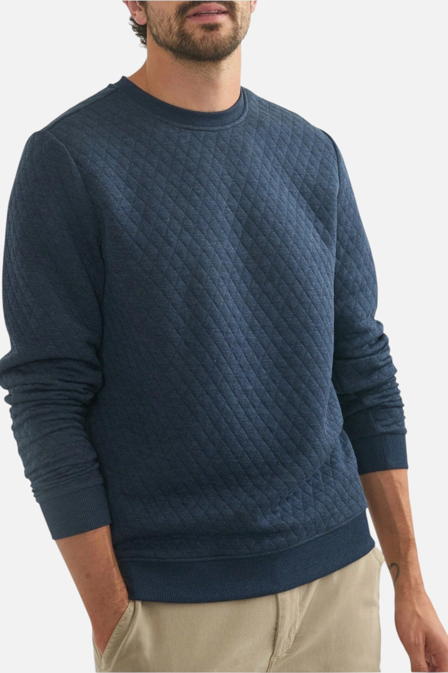 Marine Layer Corbet Quilted Crewneck in Navy – back view