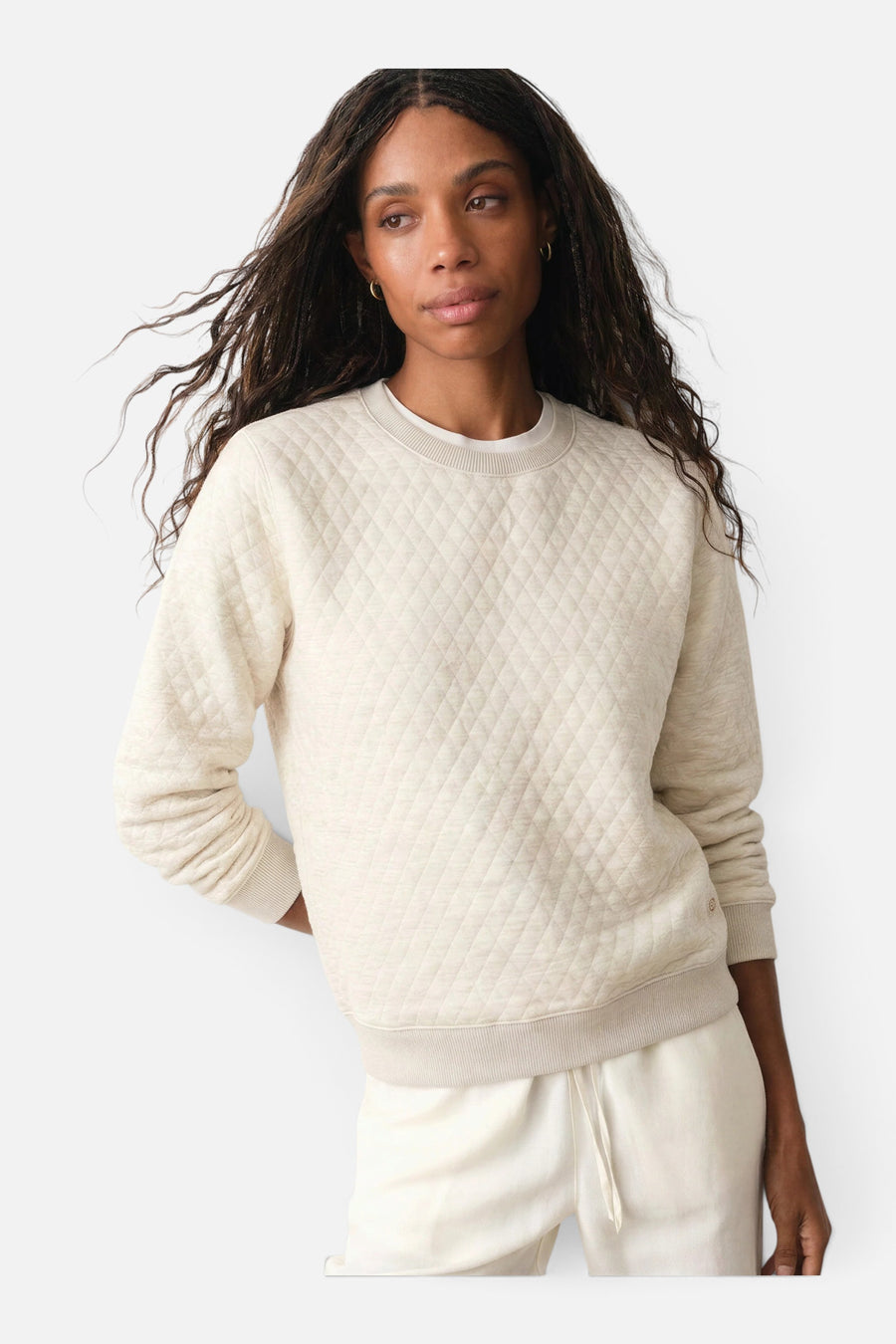 Marine Layer Corbet Quilted Crewneck in Oat – back view