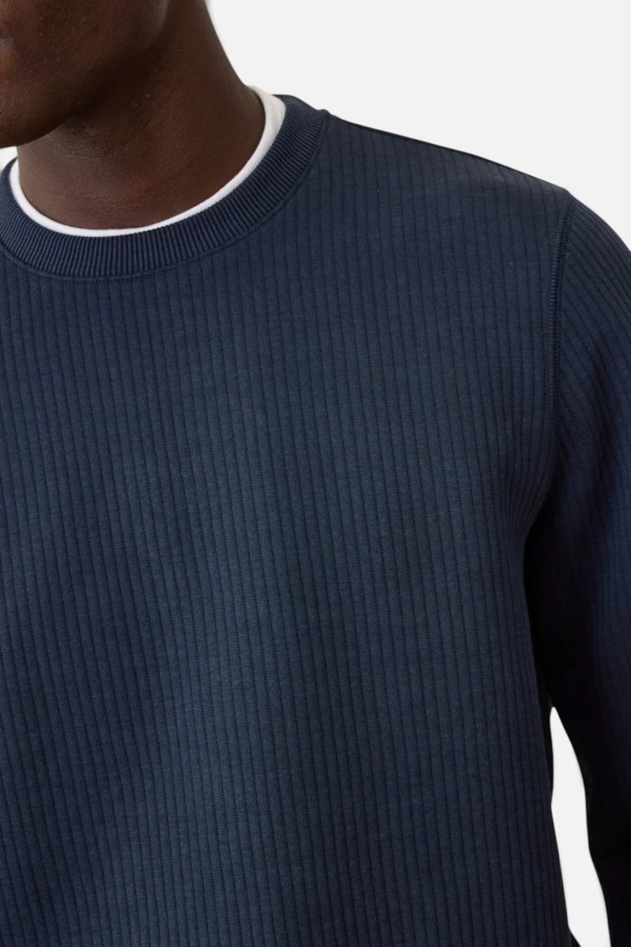 Marine Layer Corbet Quilted Stripe Crewneck in Navy – back view