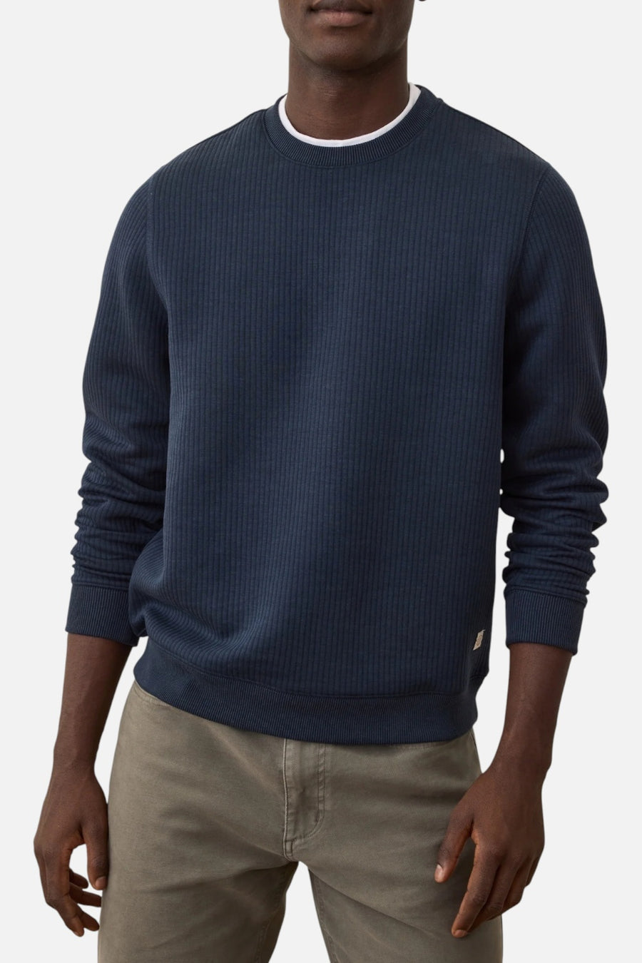 Marine Layer Corbet Quilted Stripe Crewneck in Navy – on model
