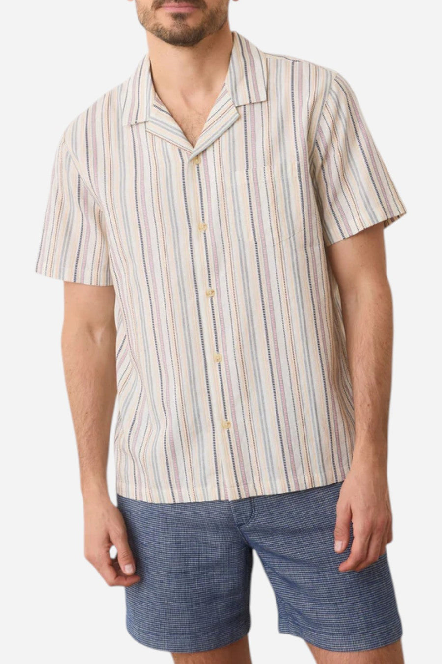 Marine Layer Dobby Resort Shirt in Natural Multi White – flat lay