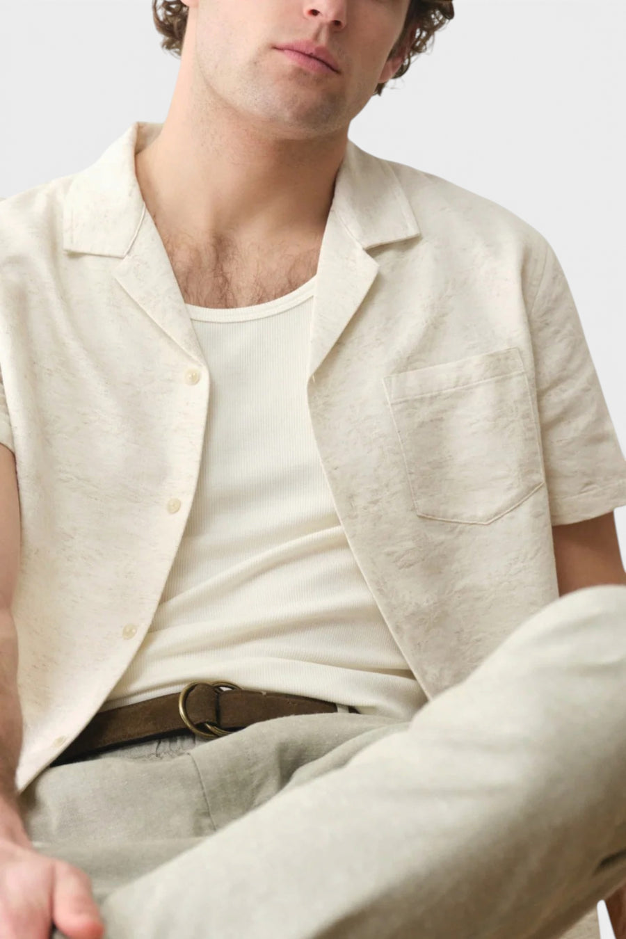 Marine Layer Elio Jacquard Resort Shirt in Natural & Tan – back view
