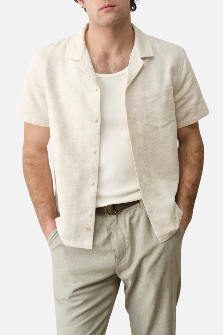 Marine Layer Elio Jacquard Resort Shirt in Natural & Tan – front view
