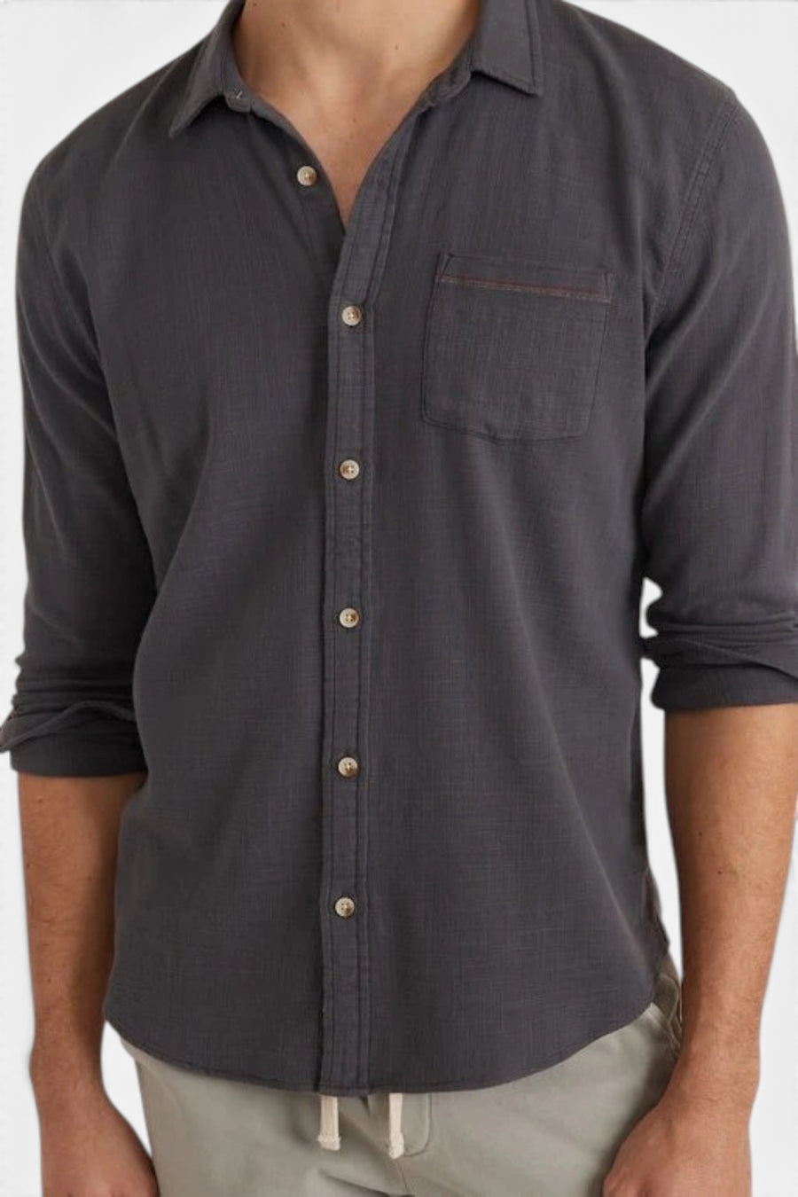 Marine Layer Long Sleeve Classic Stretch Selvage Shirt in India Ink – front view