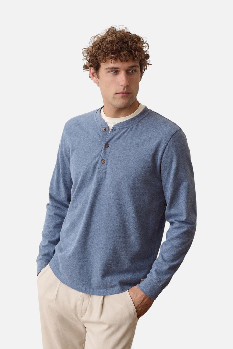 Marine Layer Luxe Jersey Henley in Collegiate Blue Heather – back view