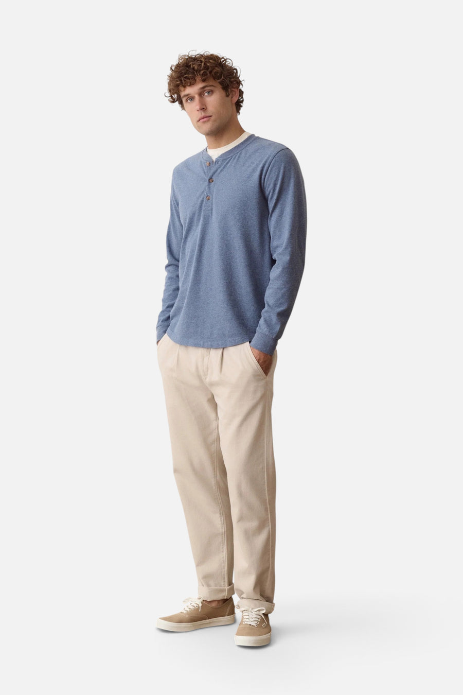 Marine Layer Luxe Jersey Henley in Collegiate Blue Heather – detail