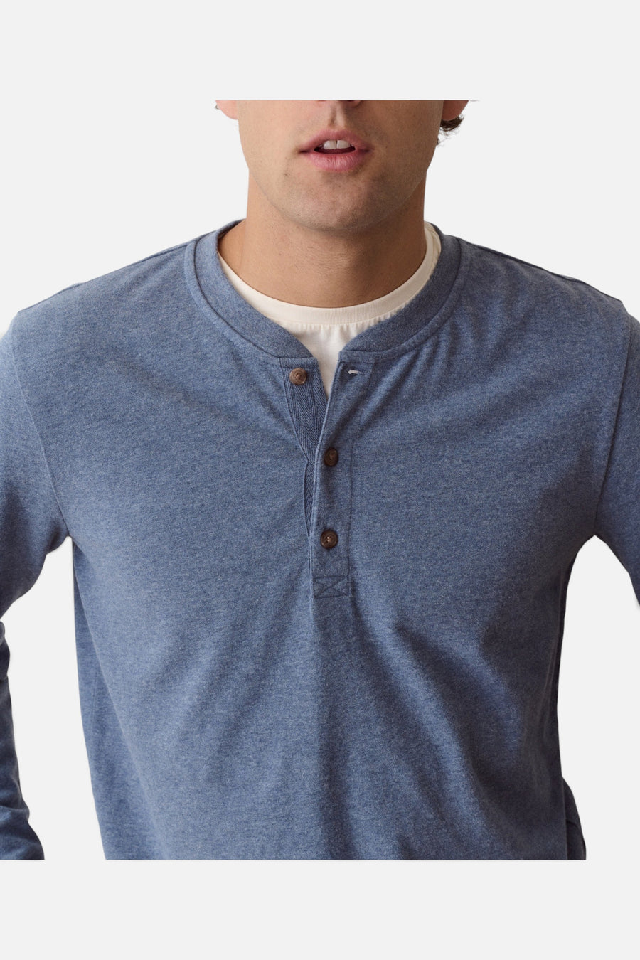 Marine Layer Luxe Jersey Henley in Collegiate Blue Heather – side view