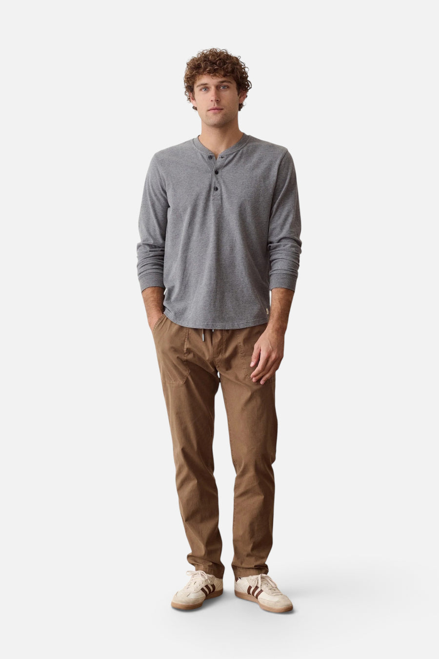 Marine Layer Luxe Jersey Henley in Heather Grey – back view