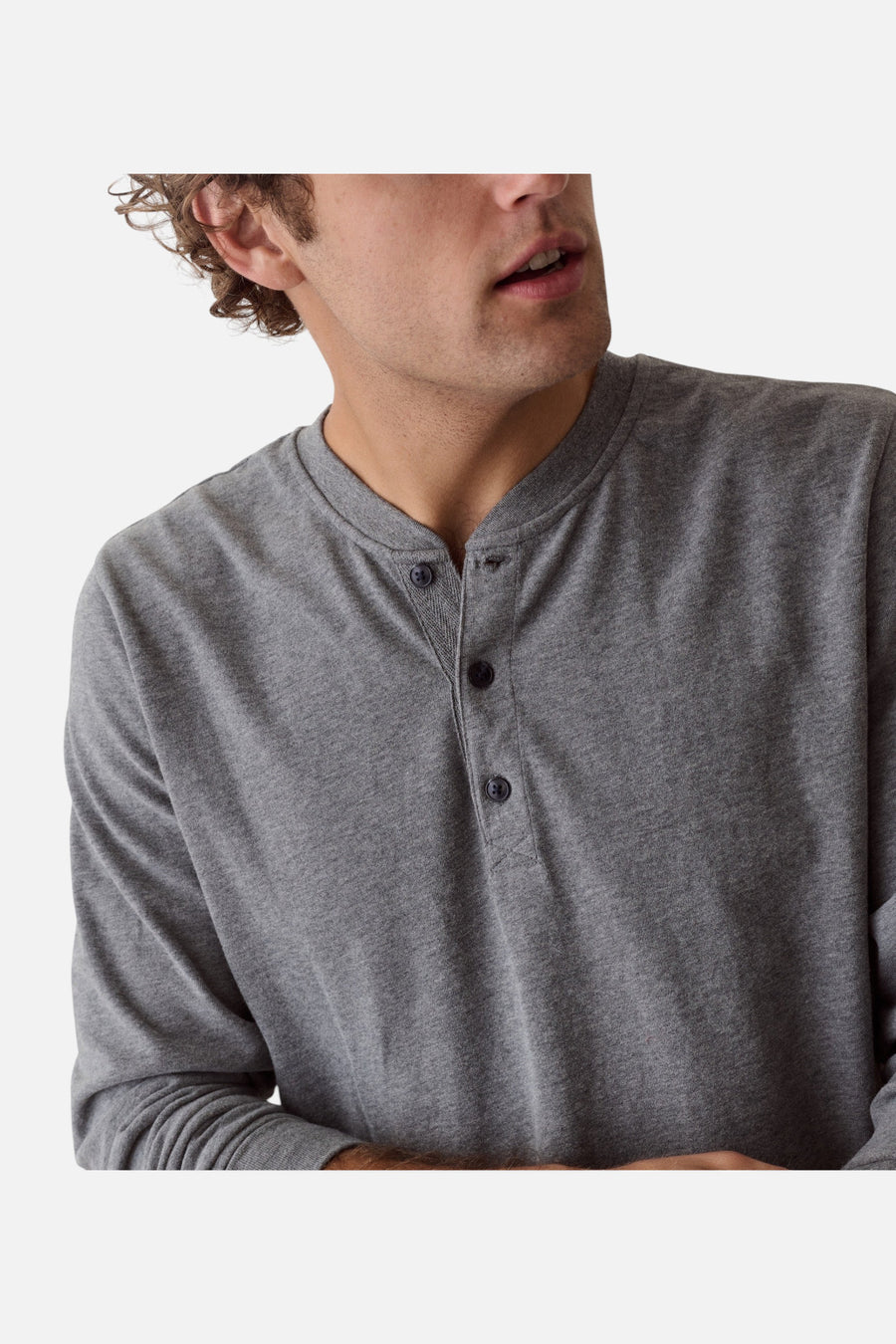 Marine Layer Luxe Jersey Henley in Heather Grey – detail
