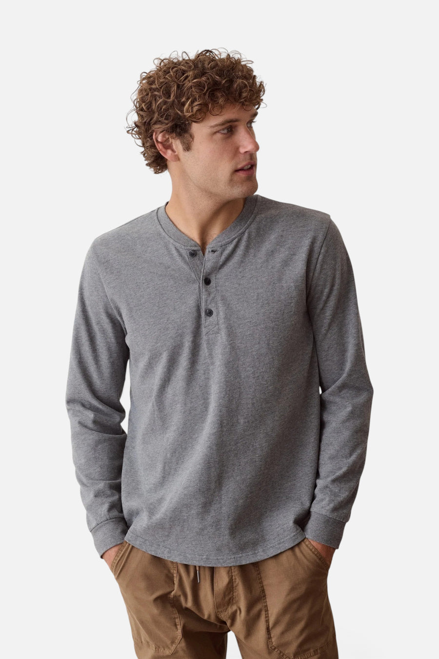 Marine Layer Luxe Jersey Henley in Heather Grey – side view