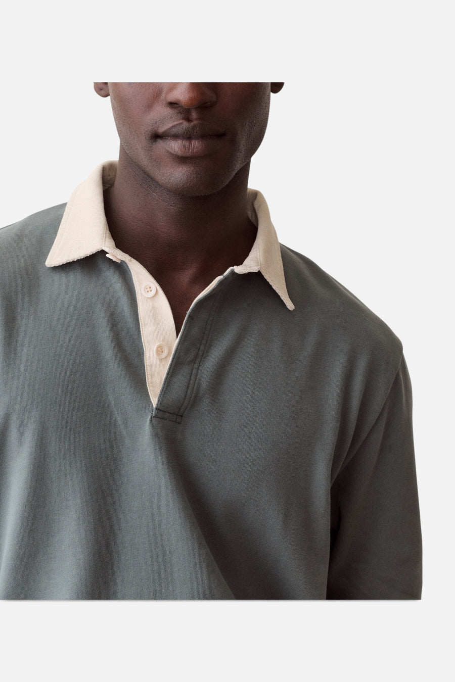Marine Layer Luxe Jersey Rugby Polo in Balsam Green – back view