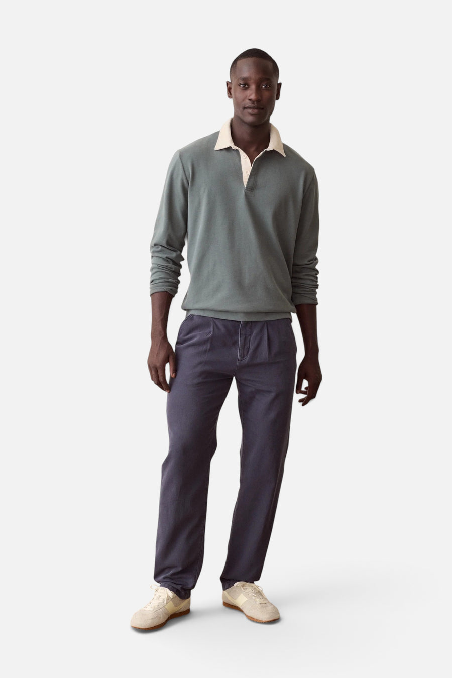 Marine Layer Luxe Jersey Rugby Polo in Balsam Green – detail