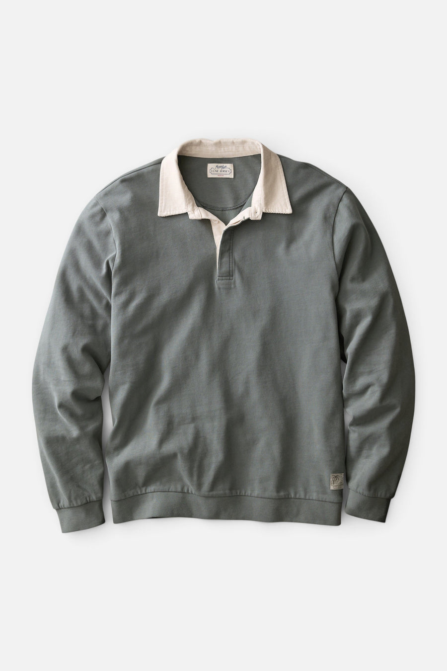 Marine Layer Luxe Jersey Rugby Polo in Balsam Green – front view