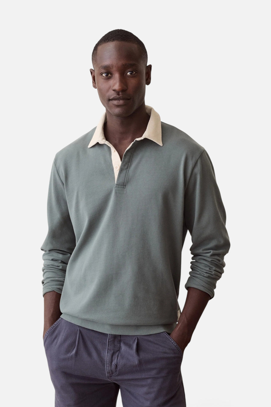 Marine Layer Luxe Jersey Rugby Polo in Balsam Green – side view