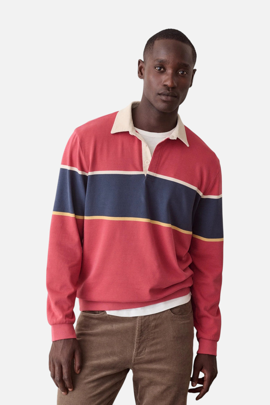 Marine Layer Luxe Jersey Rugby Polo in Garnet Rose – back view