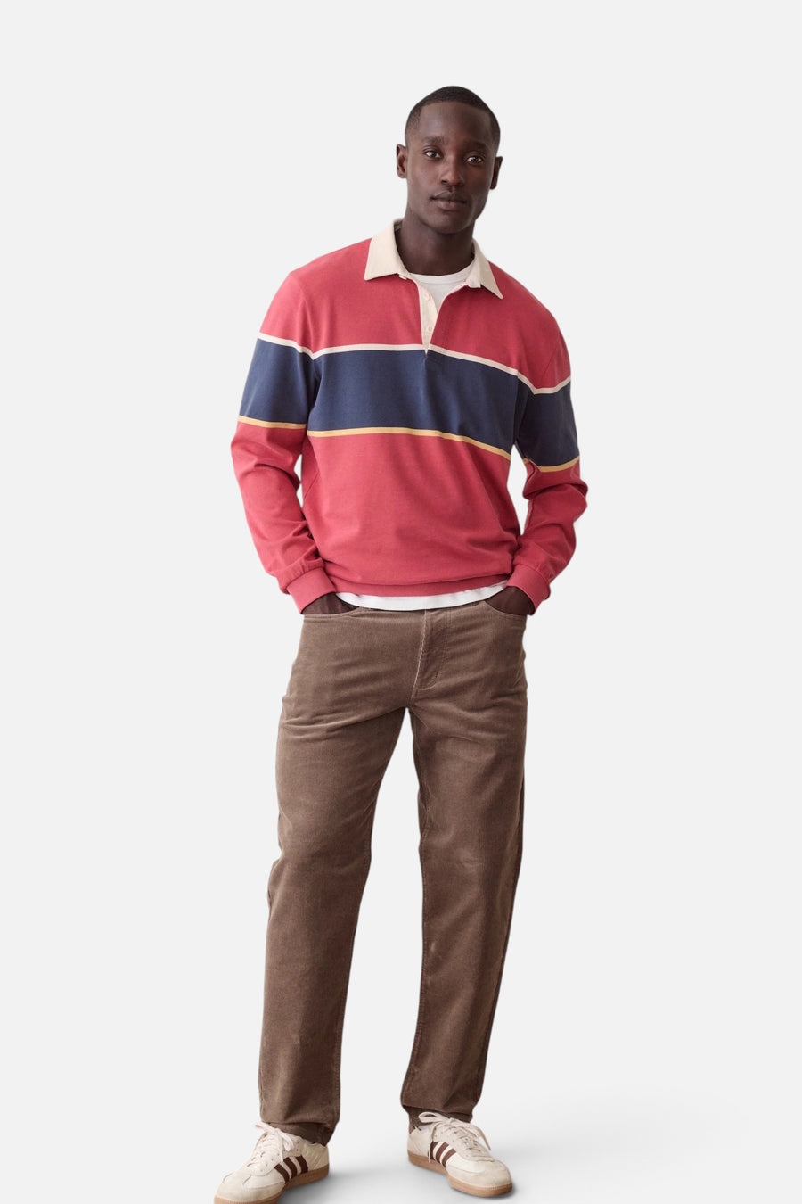 Marine Layer Luxe Jersey Rugby Polo in Garnet Rose – detail
