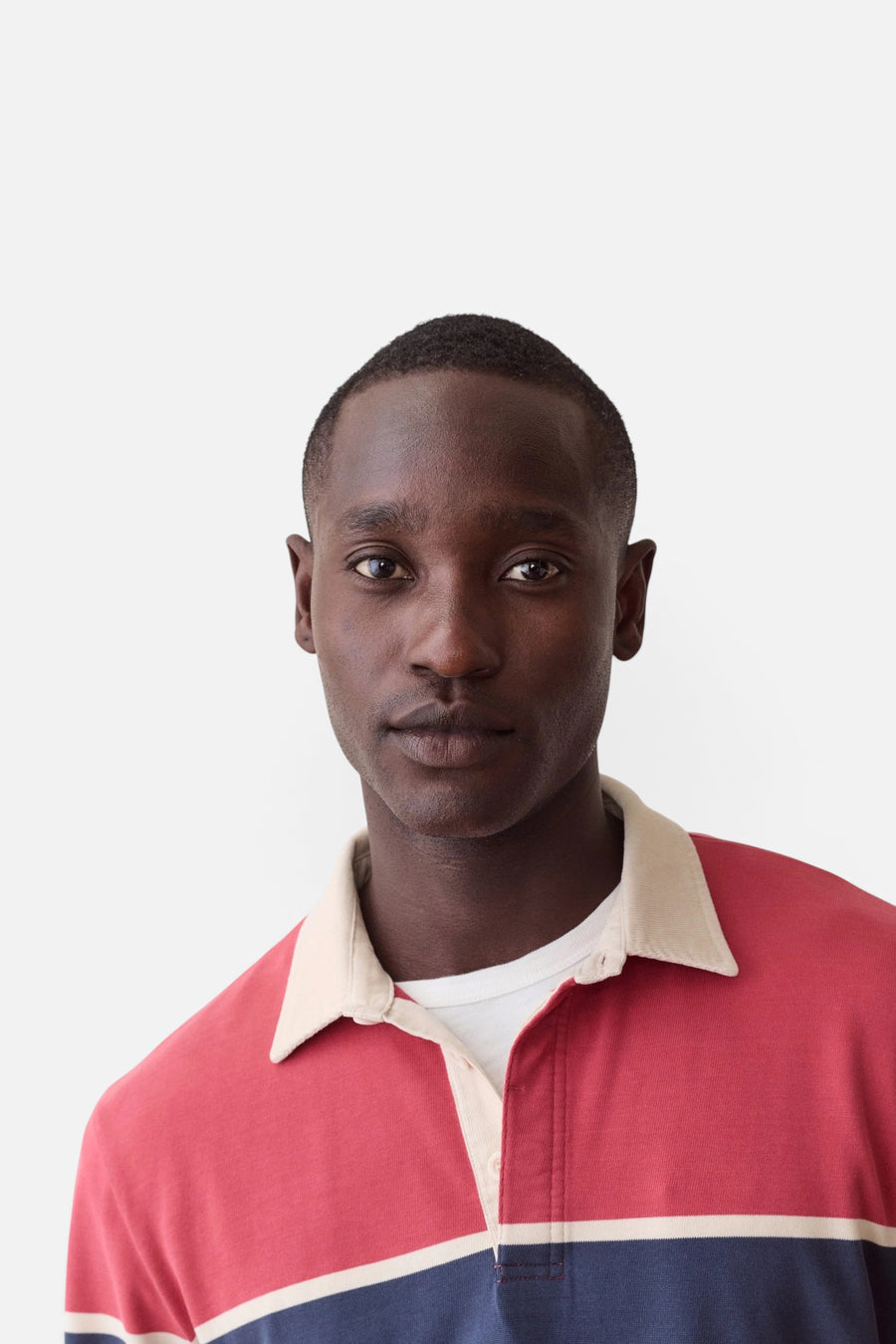 Marine Layer Luxe Jersey Rugby Polo in Garnet Rose – side view
