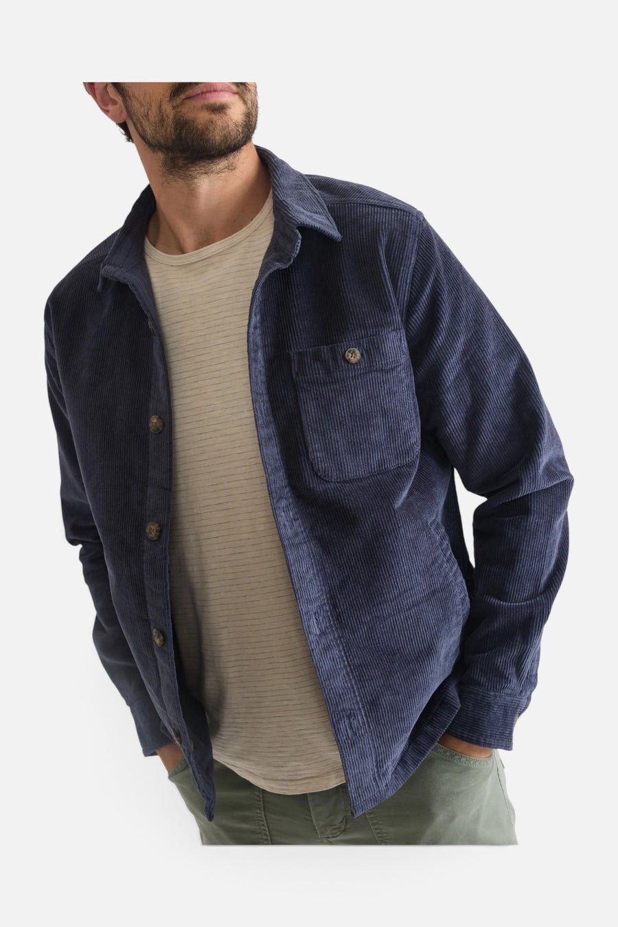 Marine Layer Max Stretch Corduroy Overshirt in Mood Indigo – detail