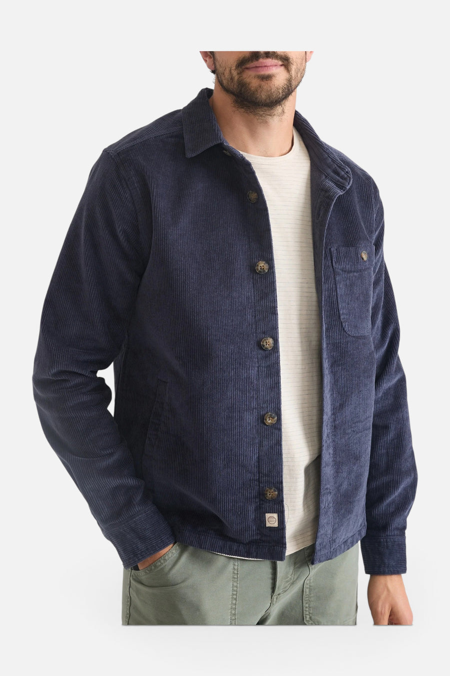 Marine Layer Max Stretch Corduroy Overshirt in Mood Indigo – side view