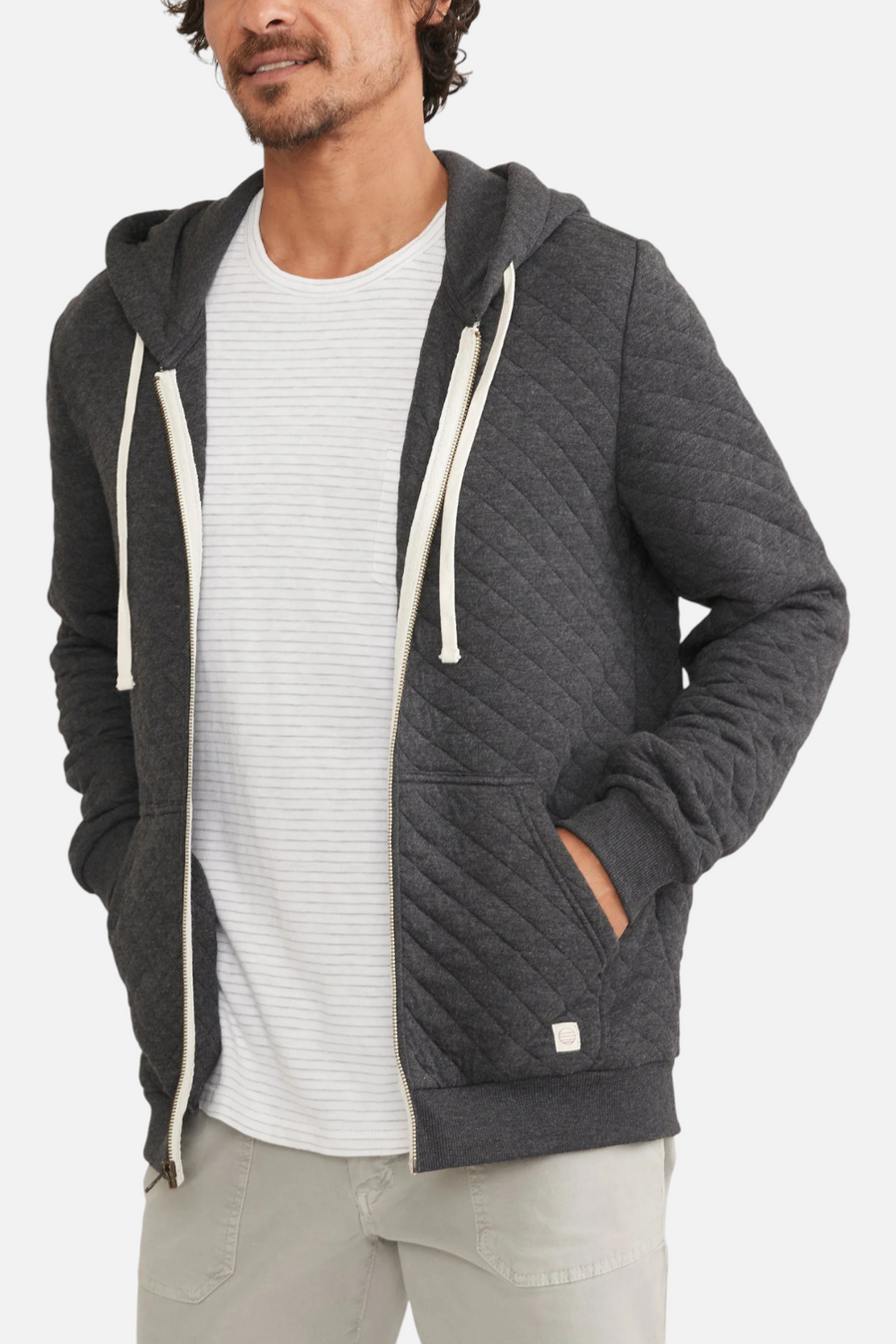 Marine Layer Men's Corbet Quilted Full Hoodie Zip Dark Heather Grey – back view