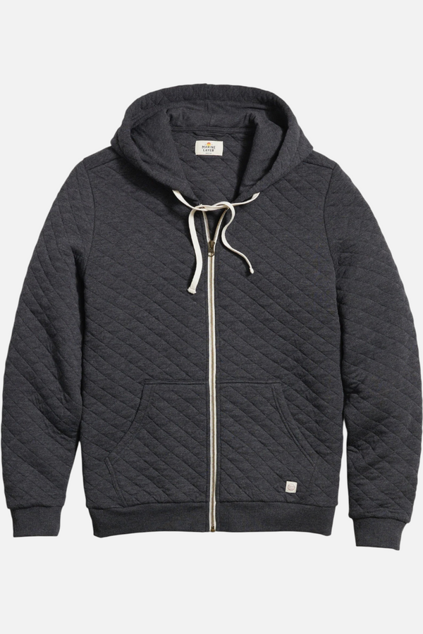 Marine Layer Men's Corbet Quilted Full Hoodie Zip Dark Heather Grey