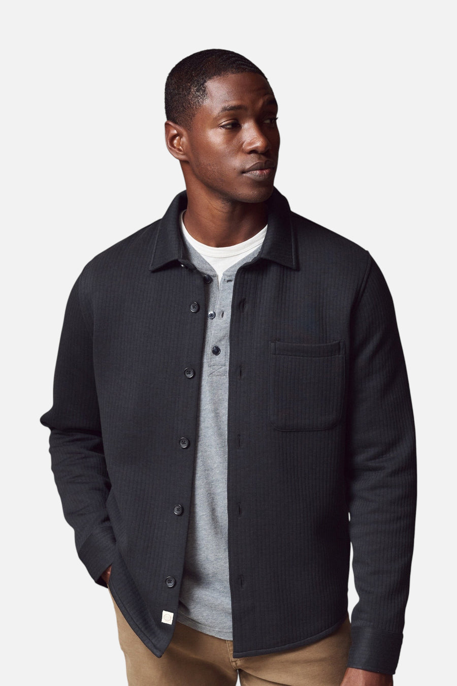 Marine Layer Men's Corbet Quilted Overshirt in Charcoal – on model