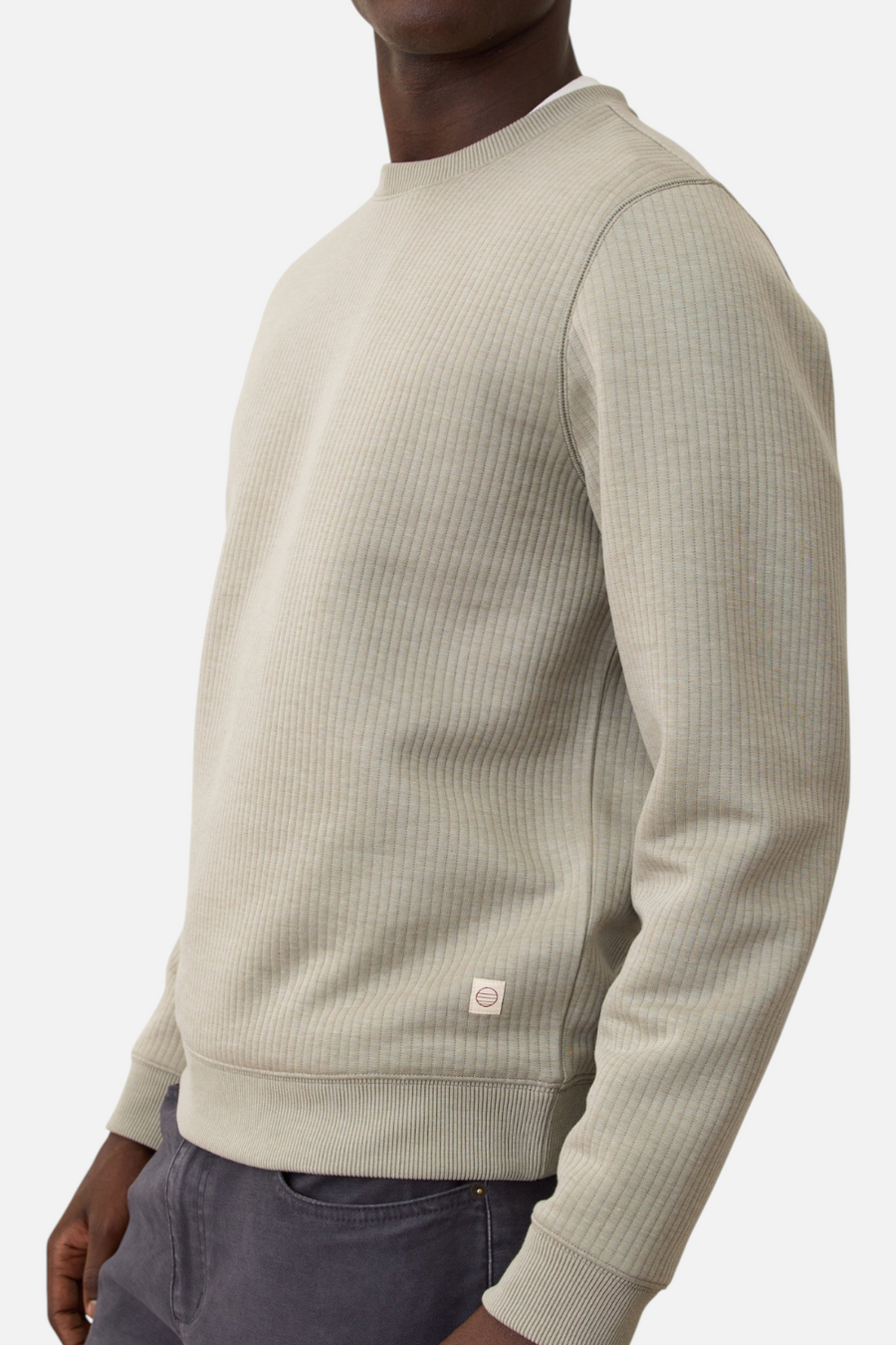 Marine Layer Men's Corbet Quilted Stripe Crewneck in Taupe – back view