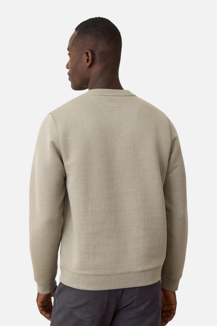 Marine Layer Men's Corbet Quilted Stripe Crewneck in Taupe – side view