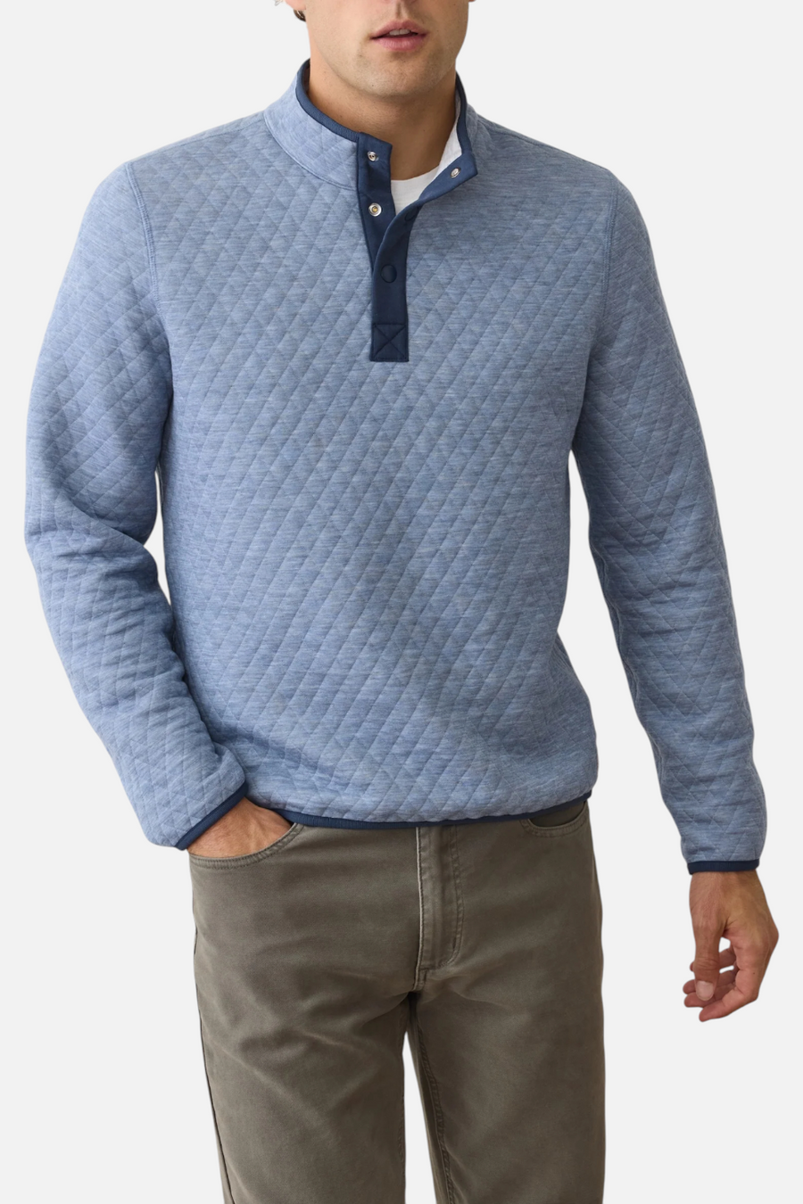 Marine Layer Men's Corbet Reversible Pullover in Mid Blue & Light Grey – back view