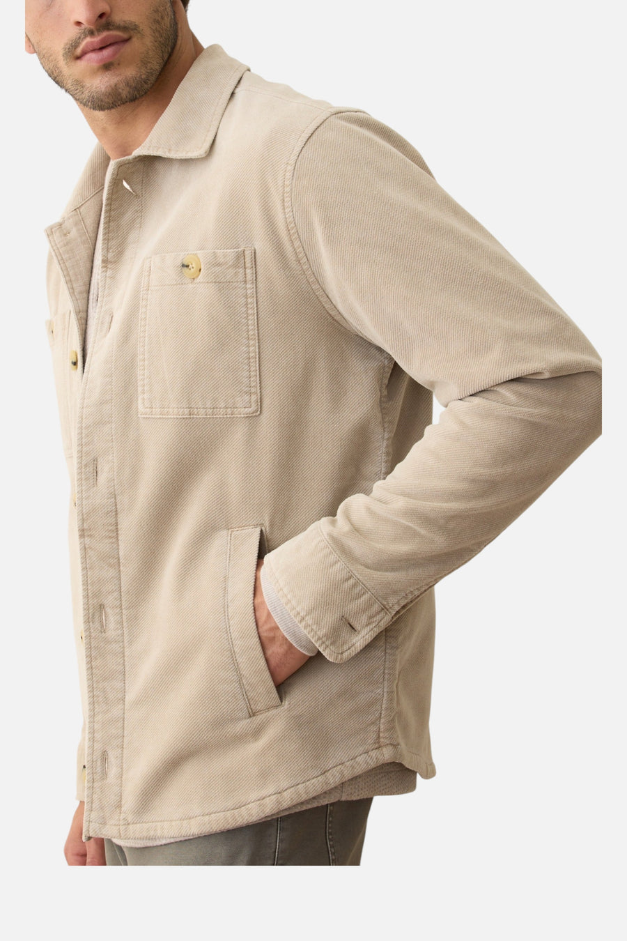 Marine Layer Men's Max Moleskin Overshirt in Taupe – on model