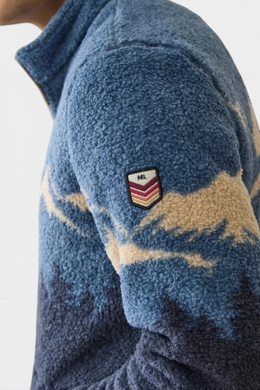 Marine Layer Men's Sierra Sherpa Pullover in Blue Mountain Scene – back view