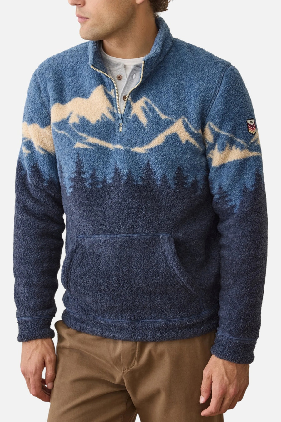 Marine Layer Men's Sierra Sherpa Pullover in Blue Mountain Scene – on model
