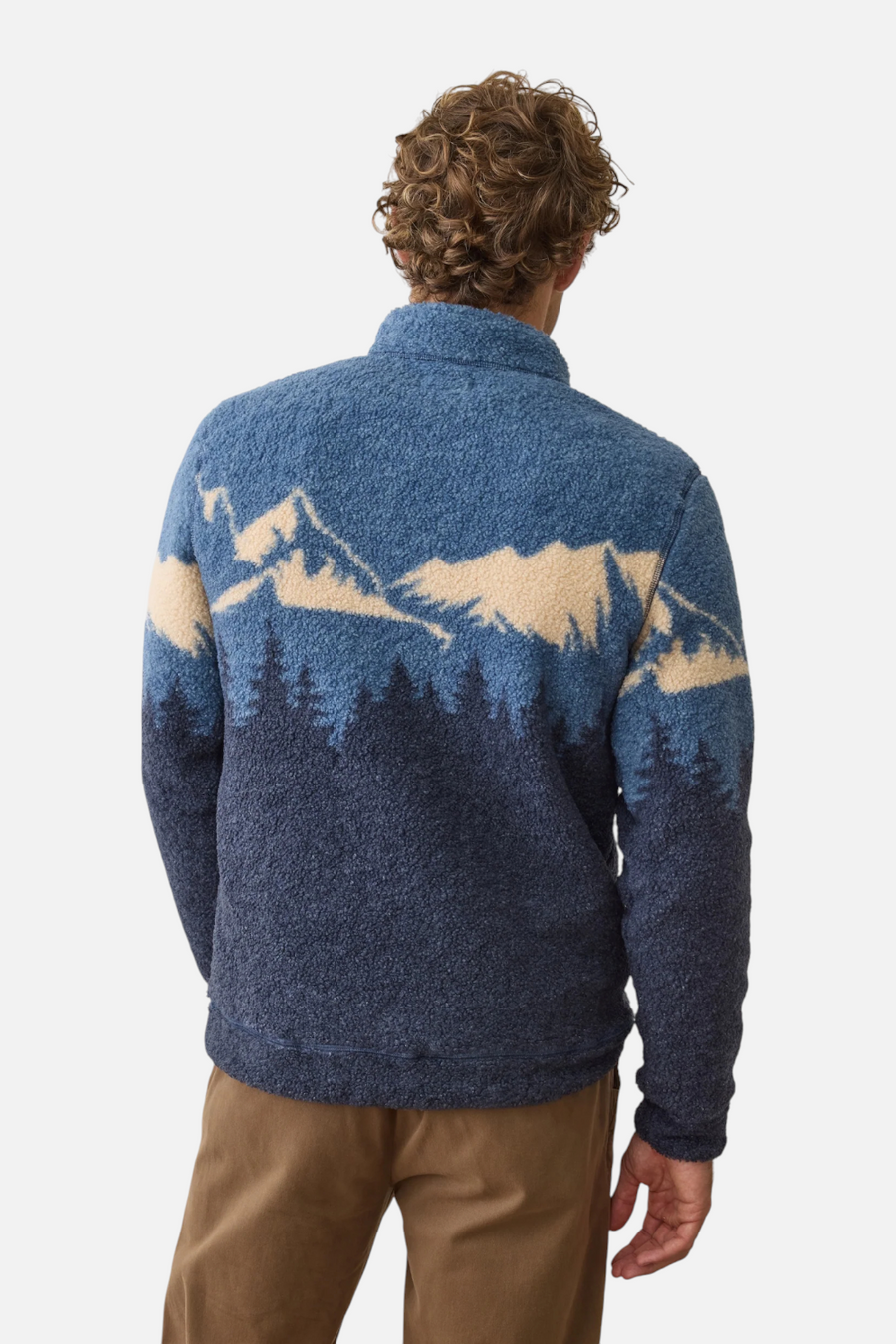 Marine Layer Men's Sierra Sherpa Pullover in Blue Mountain Scene – side view