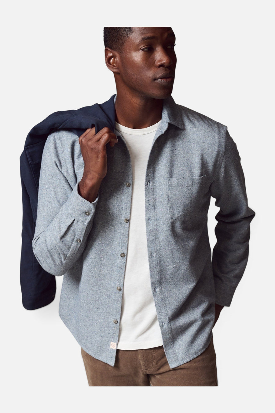 Marine Layer Men's Tahoe Flannel Shirt in Light Blue Donegal – on model