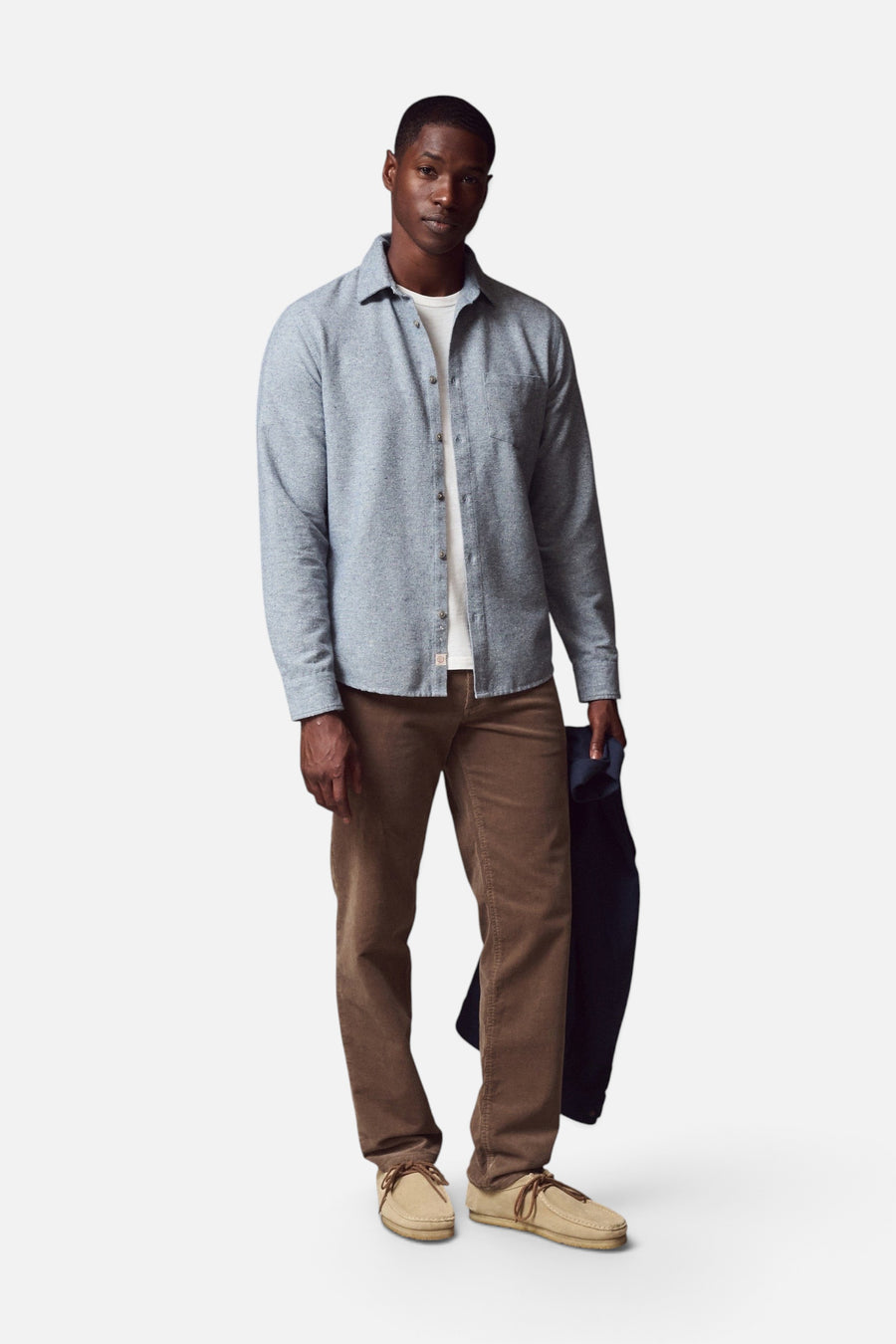 Marine Layer Men's Tahoe Flannel Shirt in Light Blue Donegal – on model
